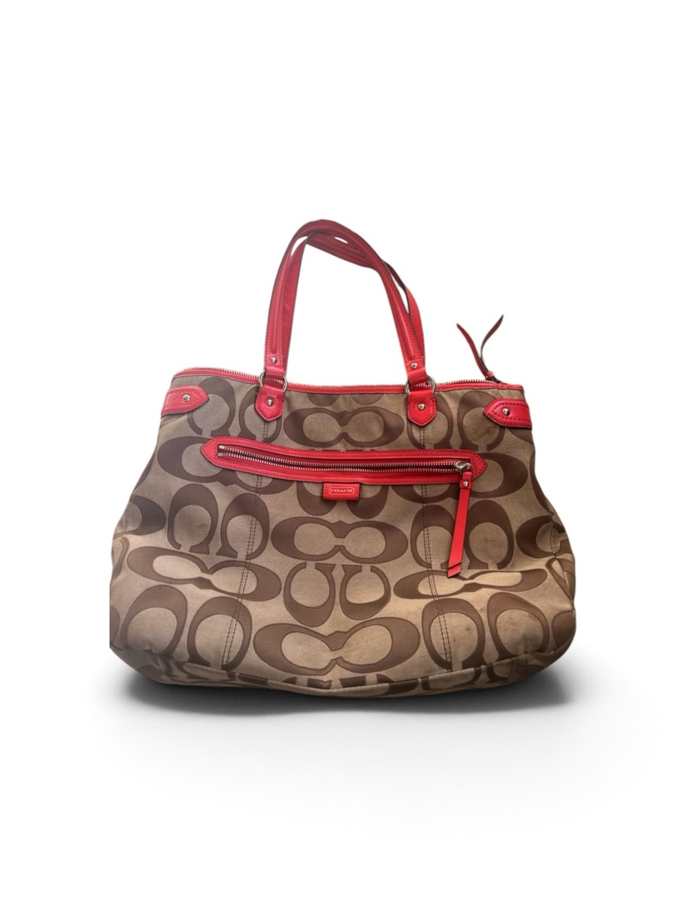 Coach Brown Signature Tote with Red Leather Trim
